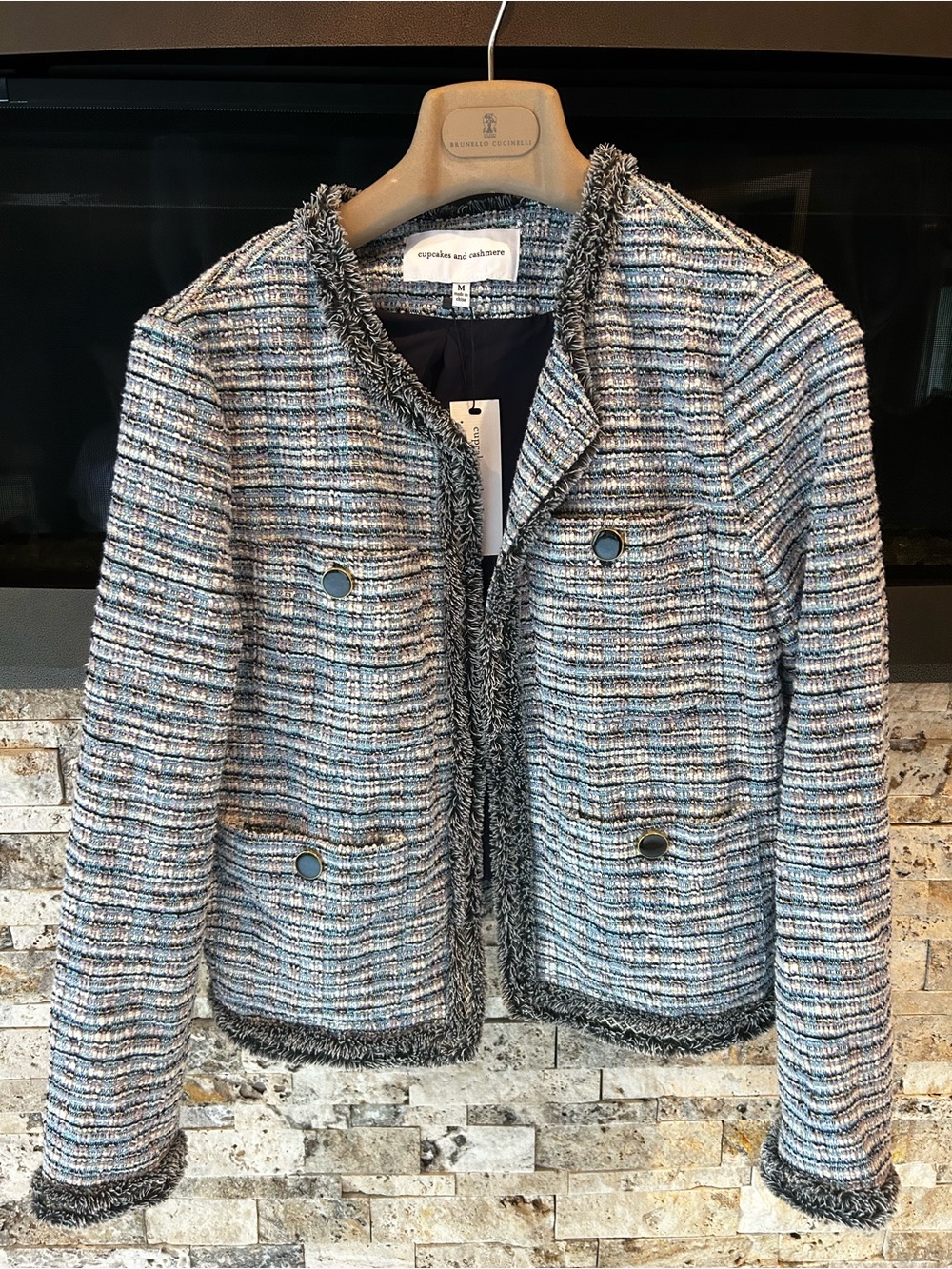 NWT cupcakes & cashmere Blue Tweed Fringe Jacket